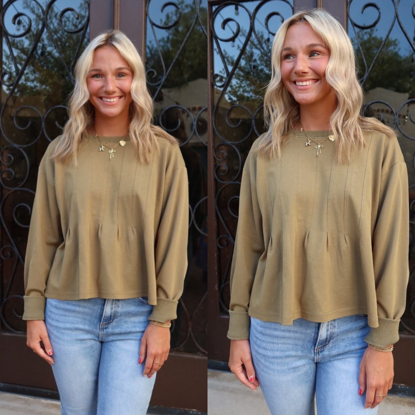 Olive Pintuck Top