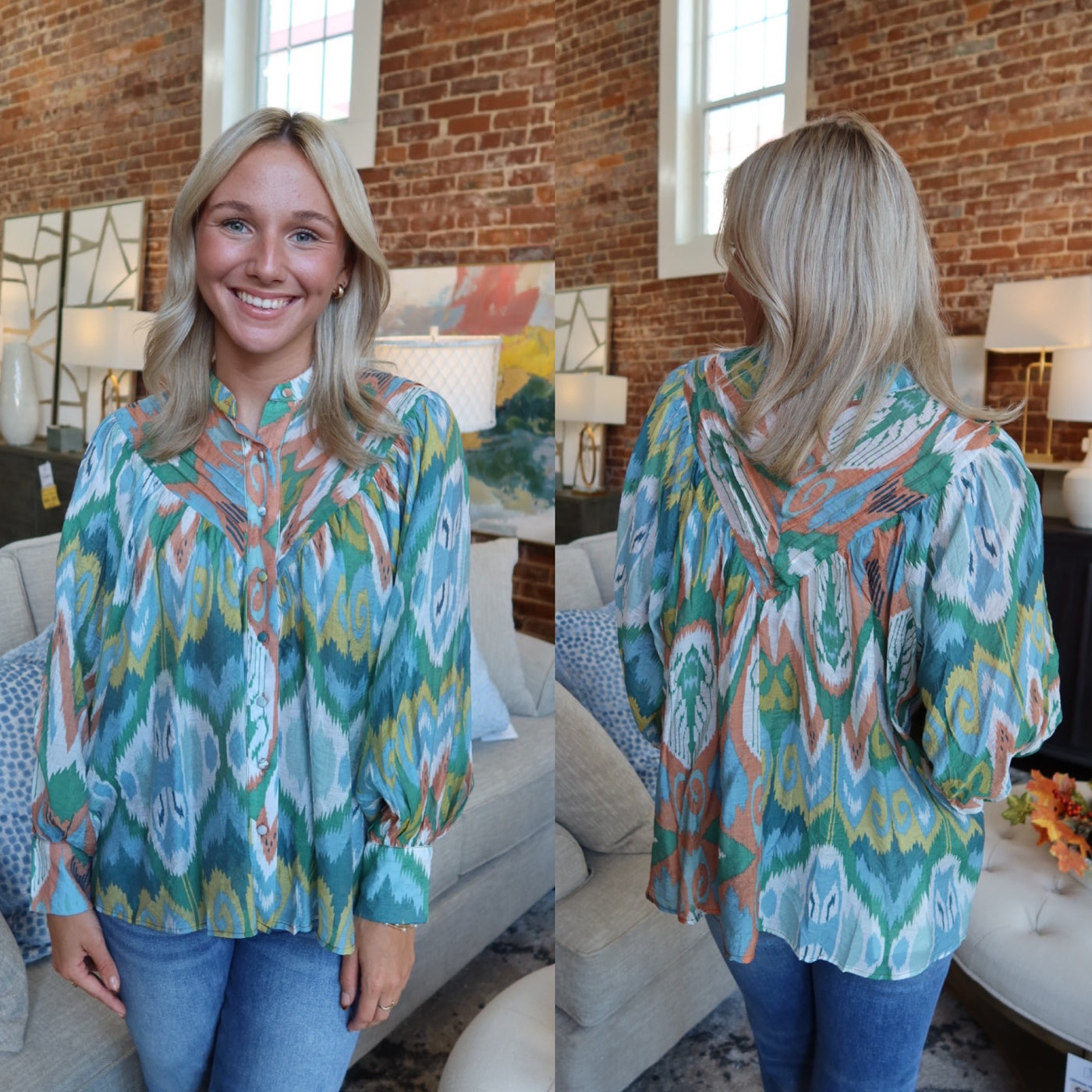 Printed Bubble Sleeve Top