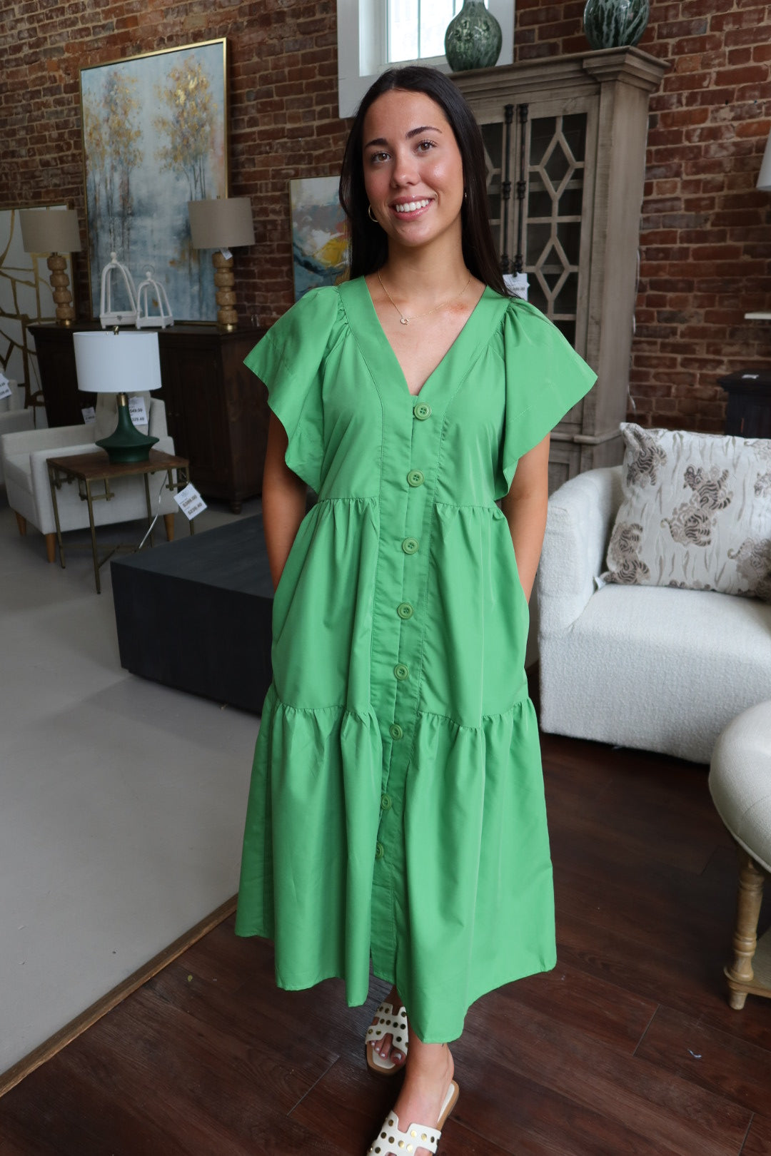 Green Button Front Midi