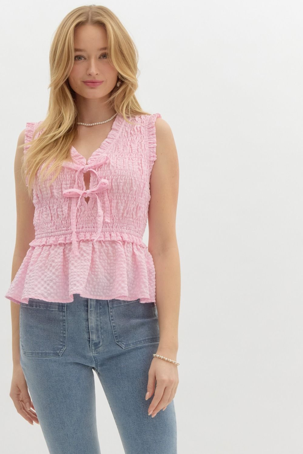 Sleeveless Smocked Bow Blouse